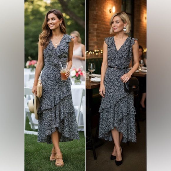 Maggy London Navy Blue V-Neck Floral Ruffles Coquette Girl Midi Dress Size 10 - Picture 3 of 15